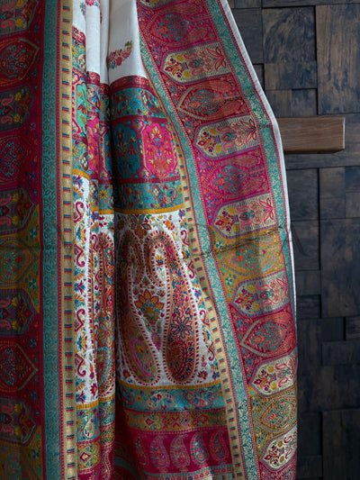 Pallu Close-Up Showing Traditional Jaal Work in Pink, Green, and Mustard Accents
