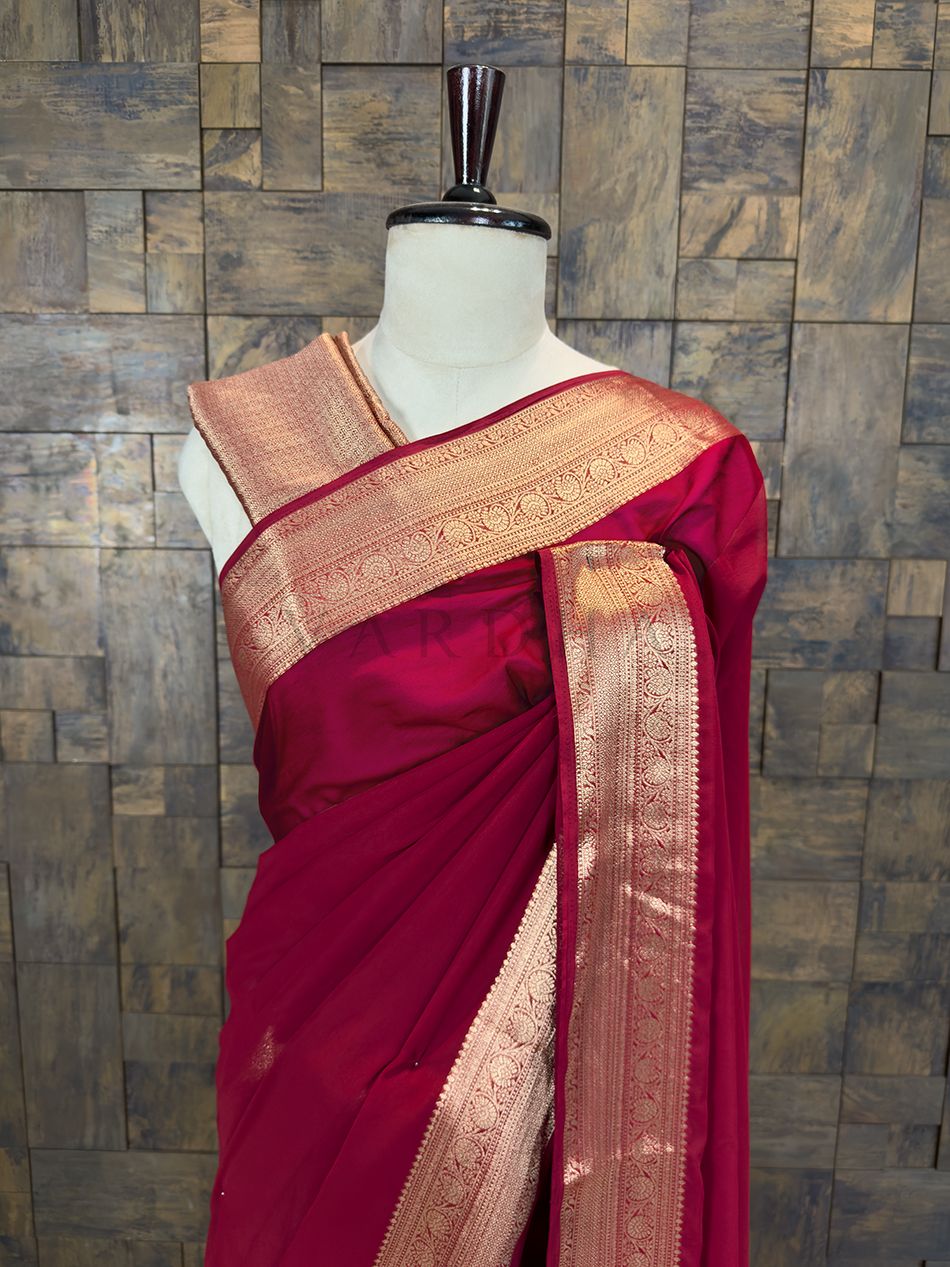 Maroon Georgette Feather Soft Saree with Gold Zari Work