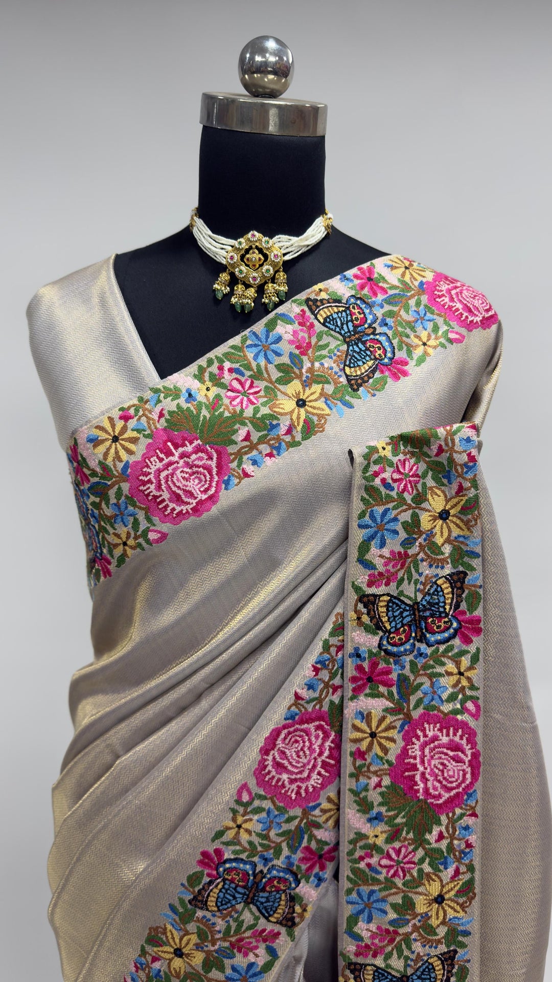 Lavender Grey Tissue Kanjivaram Silk Saree with Parsi Gara Embroidery