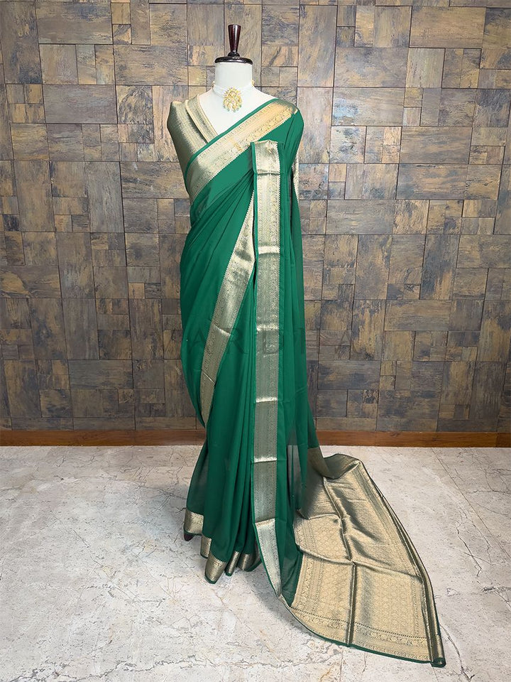 Green Georgette Feather Soft Saree with Gold Zari Work