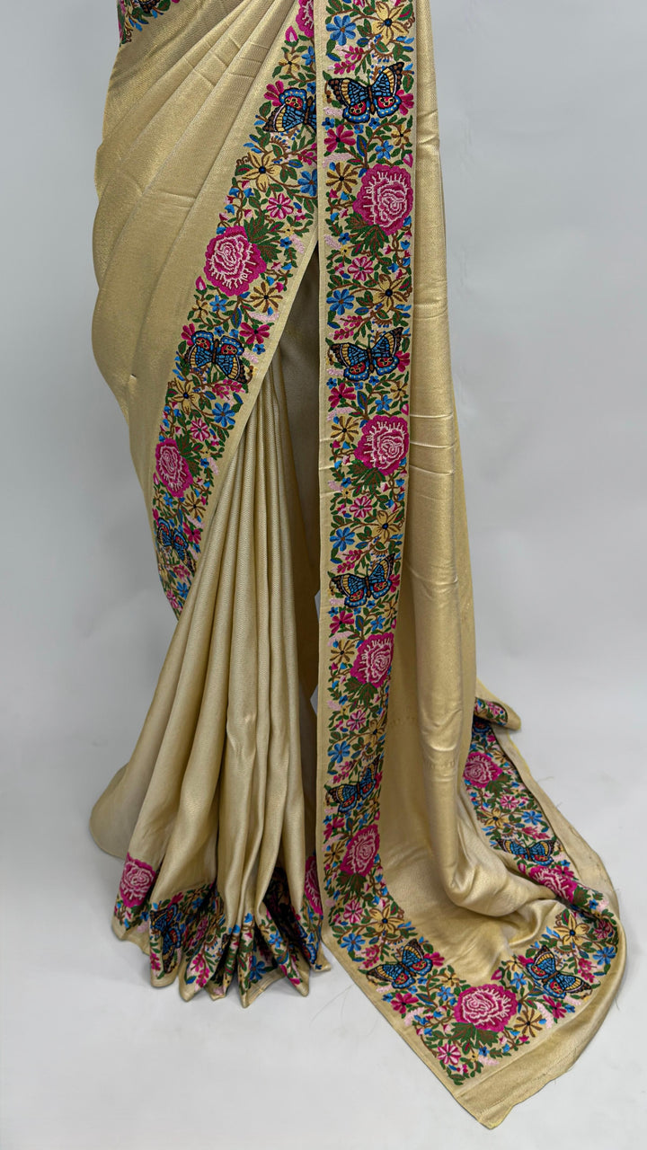 Cream Tissue Kanjivaram Silk Saree with Parsi Gara Embroidery