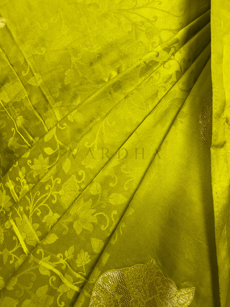 Close-up of green fabric with floral patterns and &