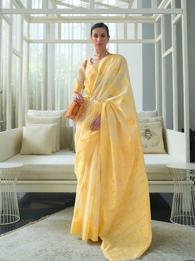 Lemon Yellow Lucknowi Chikankari Cotton Saree featuring Intricate Handwoven Embroidery and a Matching Blouse, perfect for Festive Celebrations and Cultural Gatherings. 
