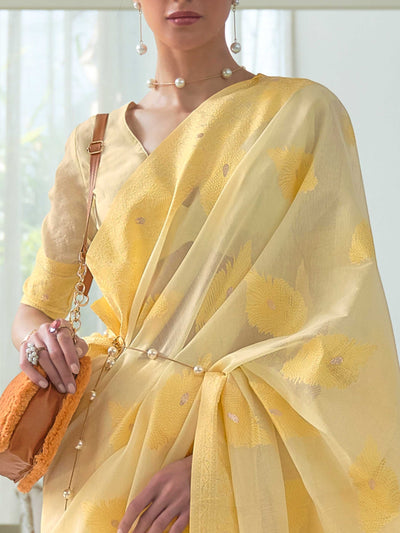 Elegant Lemon Yellow Chikankari Georgette Saree adorned with Exquisite Mukaish Work and paired with an Embellished Blouse, ideal for Weddings and Grand Occasions. 
