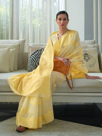 Luxurious Lemon Yellow Chikankari Georgette Saree featuring Full Jaal Motifs and an Entrancing Blouse, suitable for Elegant Parties and Special Celebrations. 
