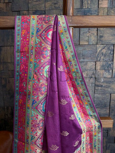 Intricate Woven Brocade Border with Zari Accents on Lilac Satin Silk Base

