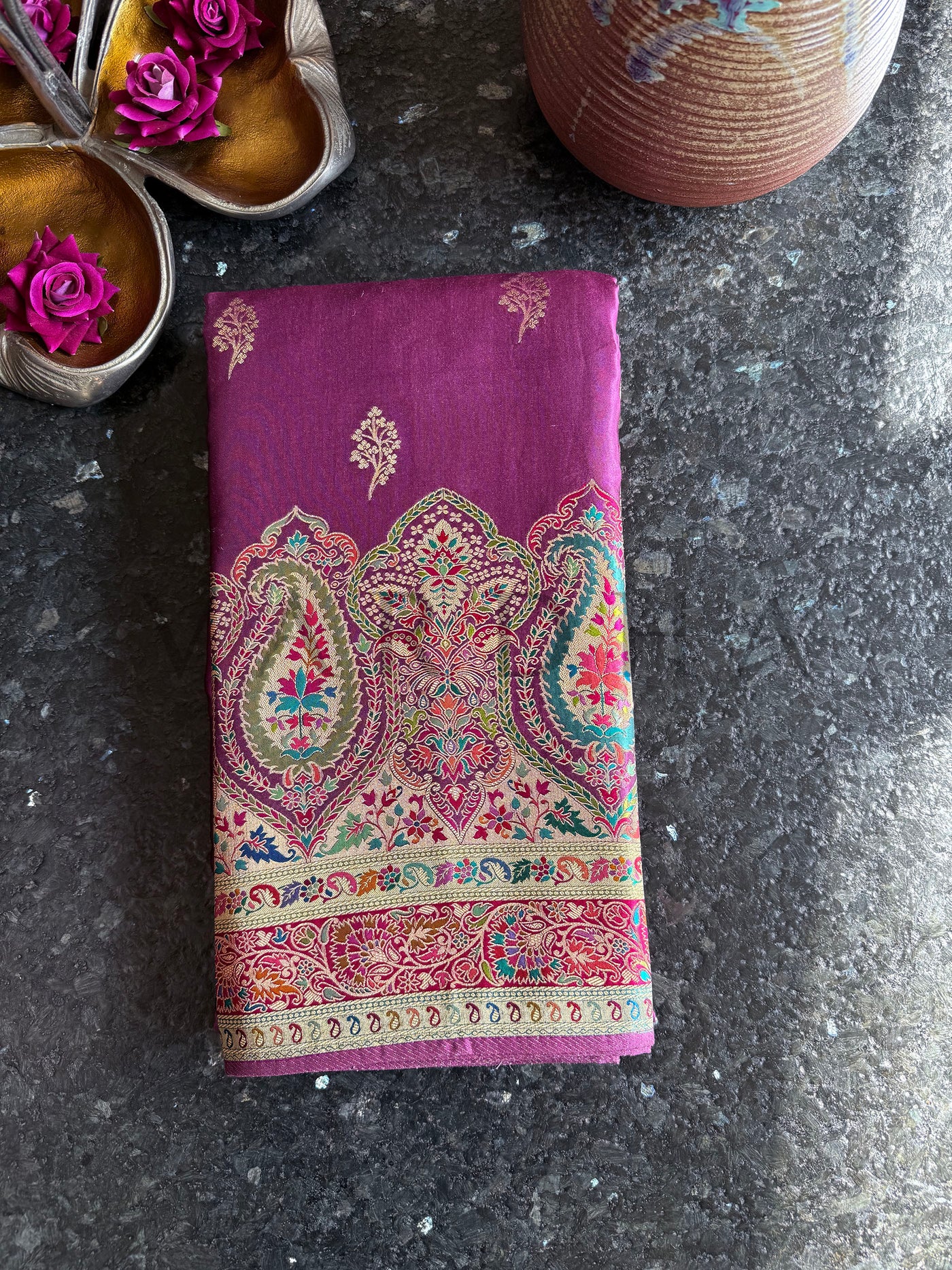 Folded Royal Lilac Silk Saree with Paisley Motifs and Antique Meenakari Detailing