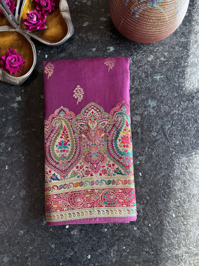 Folded Royal Lilac Silk Saree with Paisley Motifs and Antique Meenakari Detailing