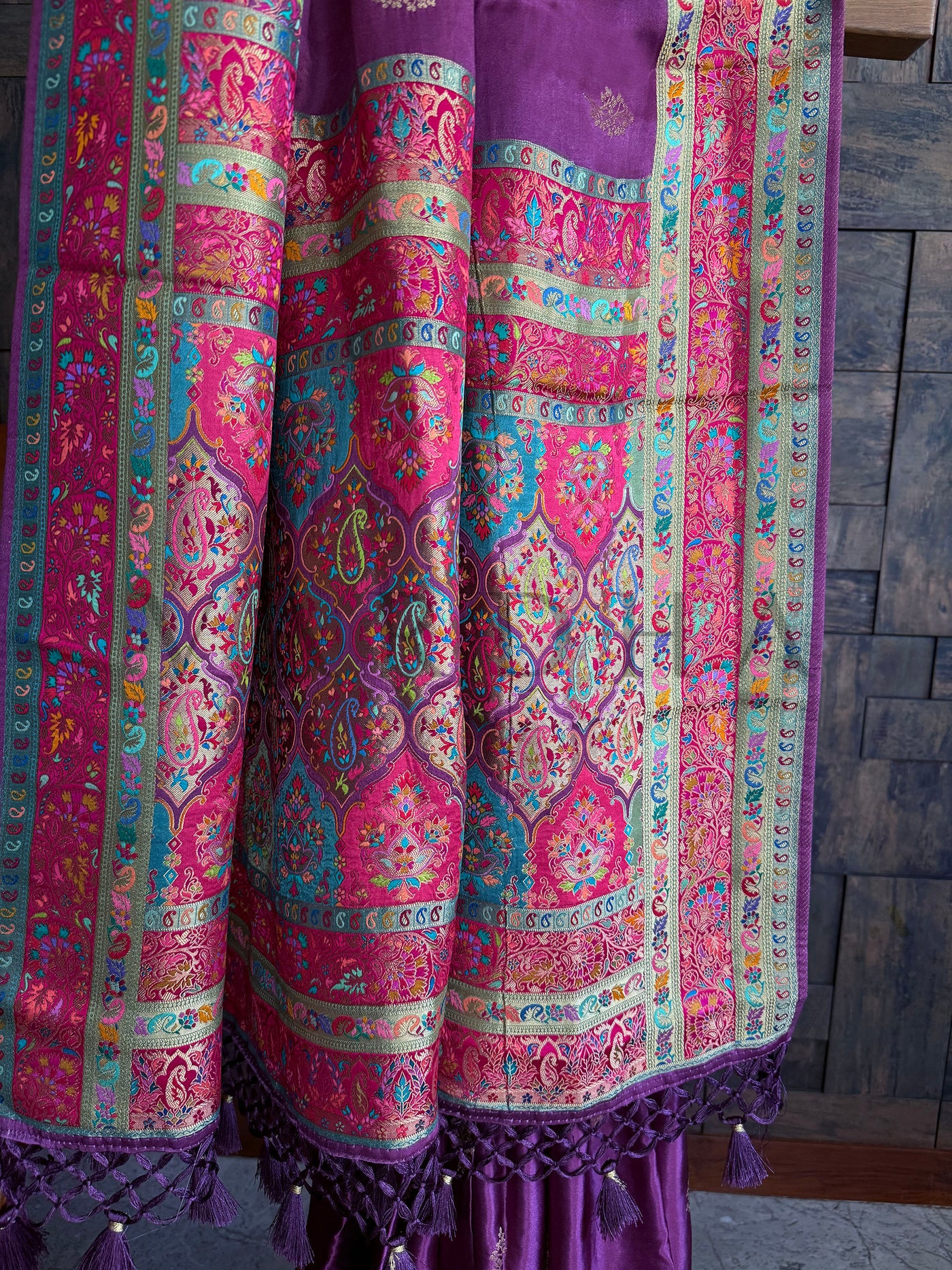 Pallu Close-Up Showing Floral Meenakari Weave in Magenta and Turquoise Accents
