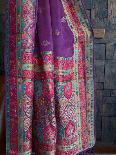 Lilac Banarasi Saree with Gold Zari Buti and Pink Multicolor Brocade Border