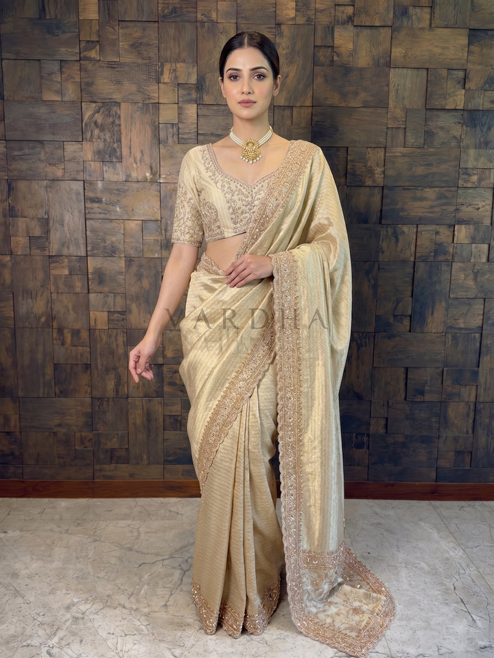 Cream Viscose Handwork Saree with Woven Chevron &amp; Pearl Embroidery