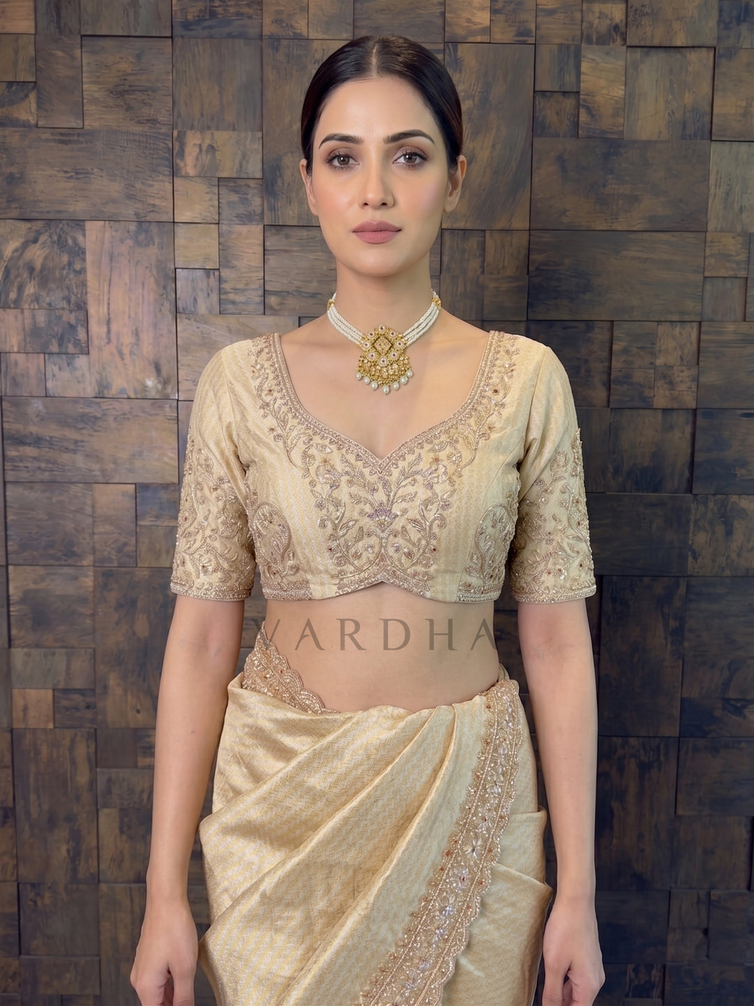 Cream Viscose Handwork Saree with Woven Chevron &amp; Pearl Embroidery