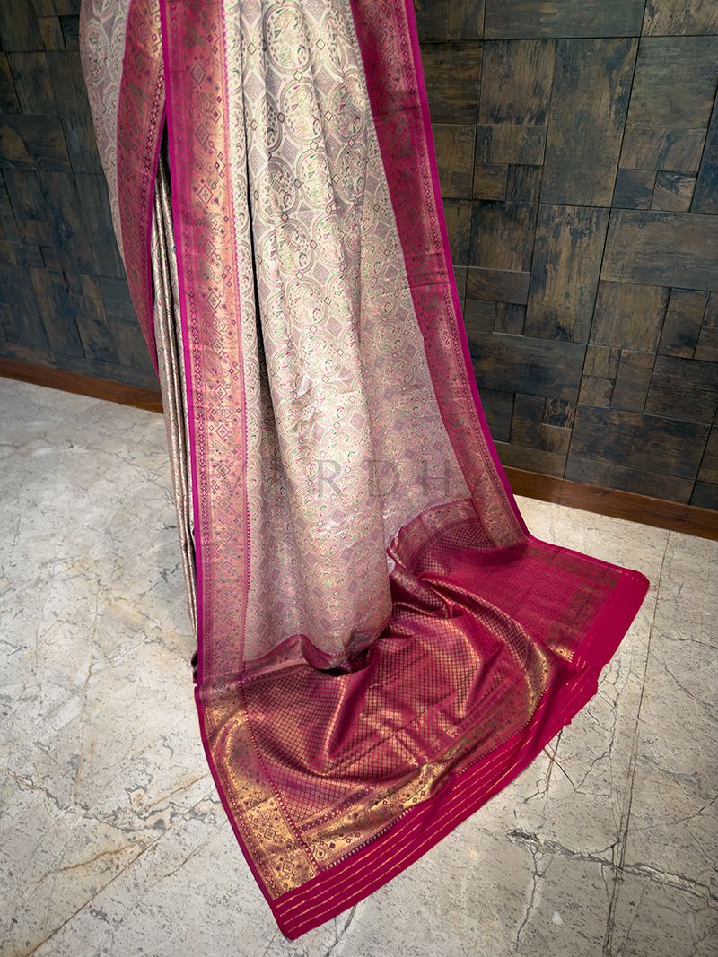 Cream Wine Woven Kalamkari Art Silk Saree with Zari Work