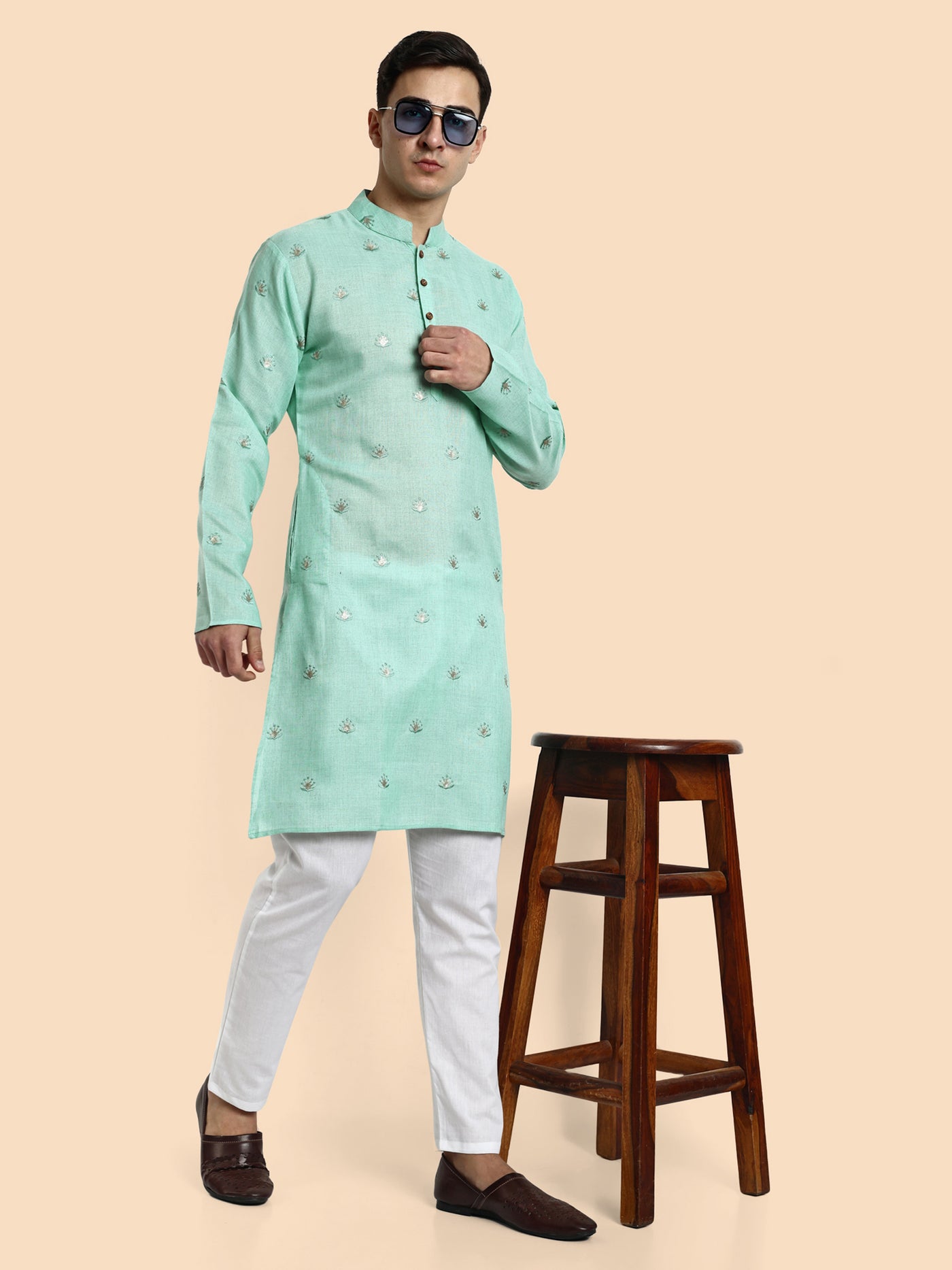 Pastel Green Embroidered Men's Kurta