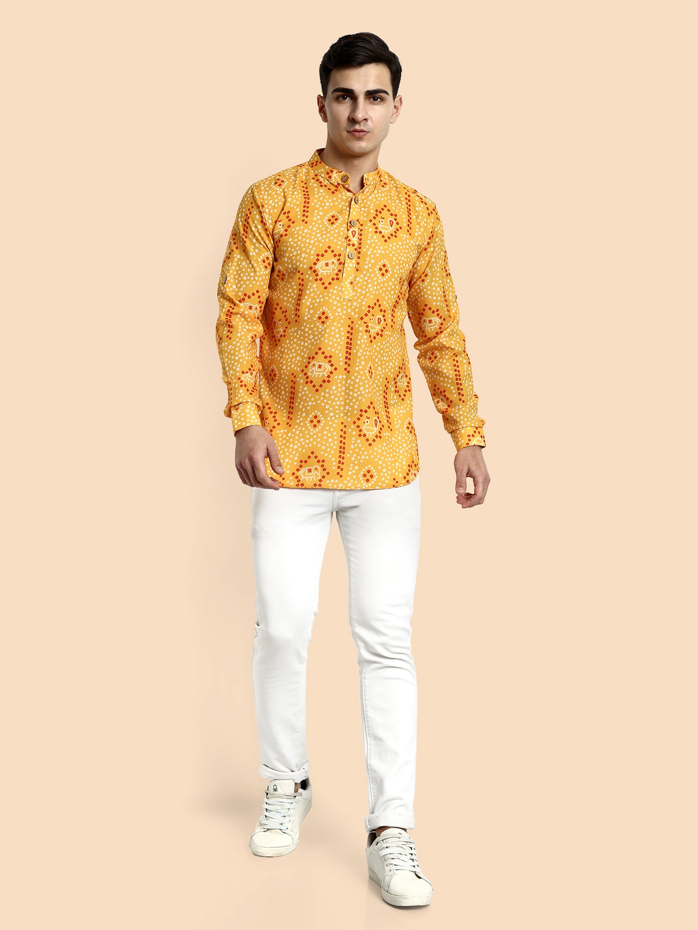 Yellow Printed Men's Short Kurta