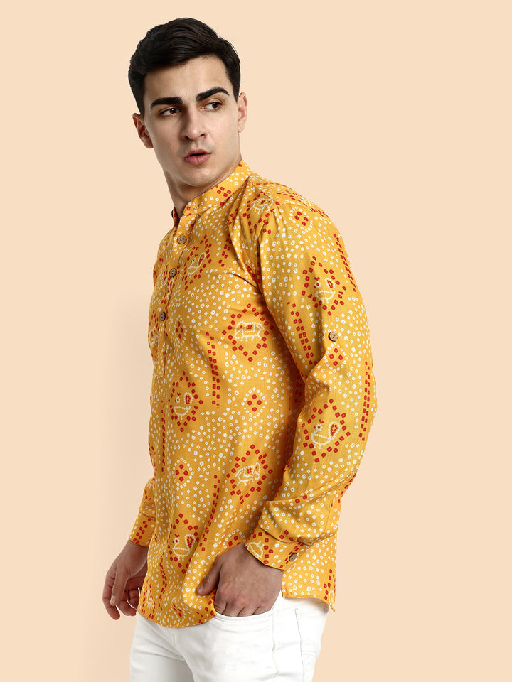 Yellow Printed Men's Short Kurta
