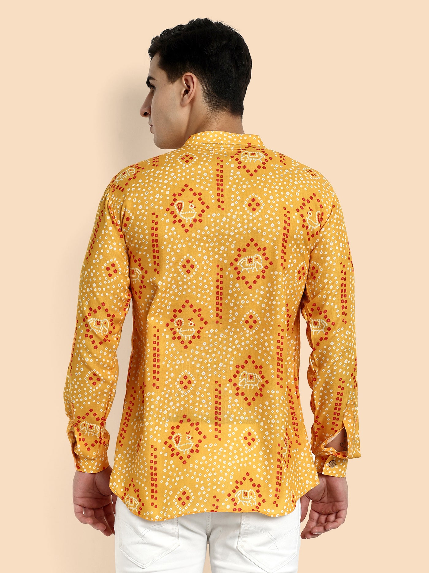 Yellow Printed Men's Short Kurta