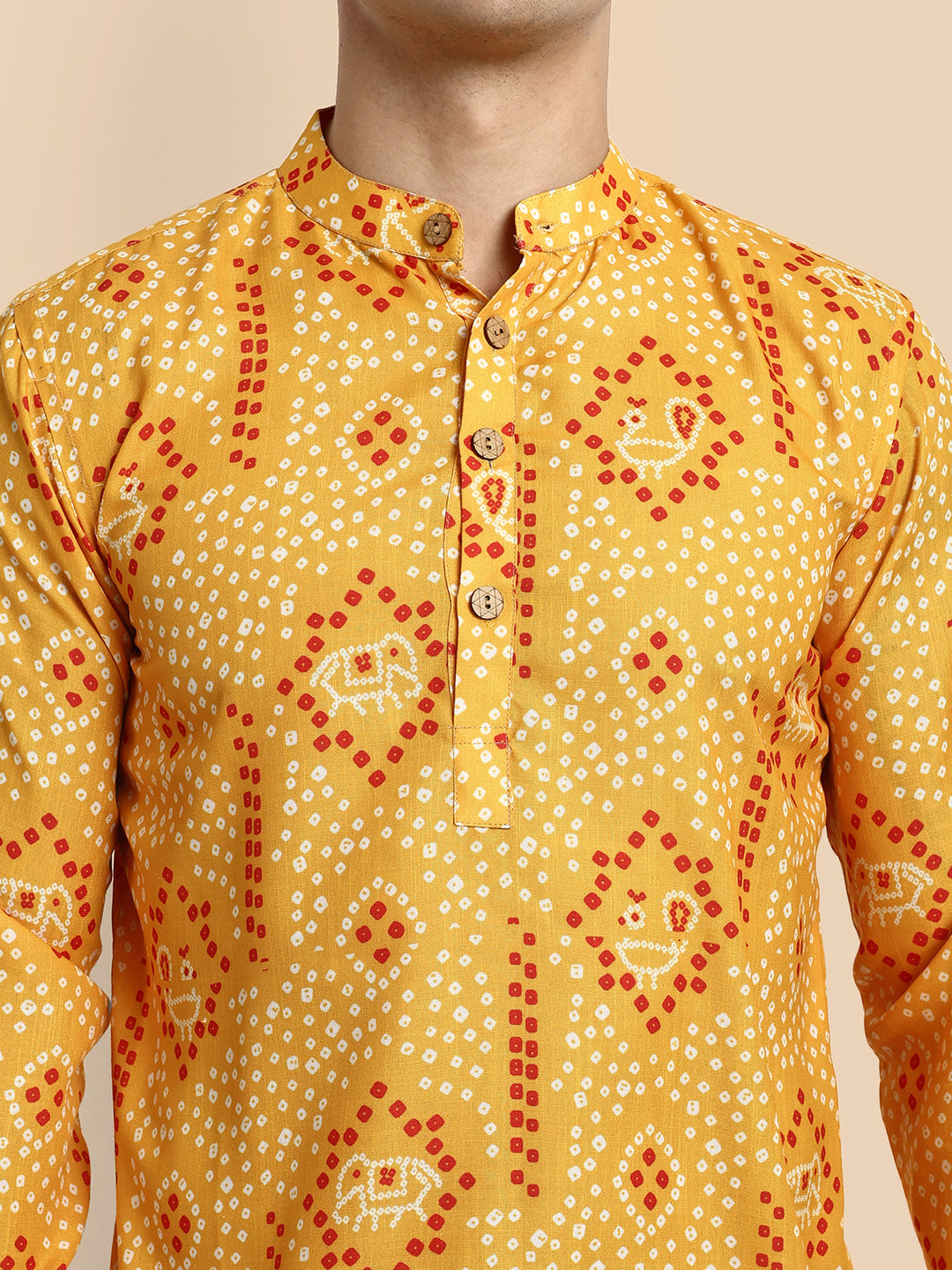Yellow Printed Men's Short Kurta