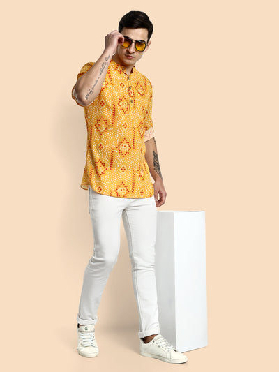 Yellow Printed Men's Short Kurta