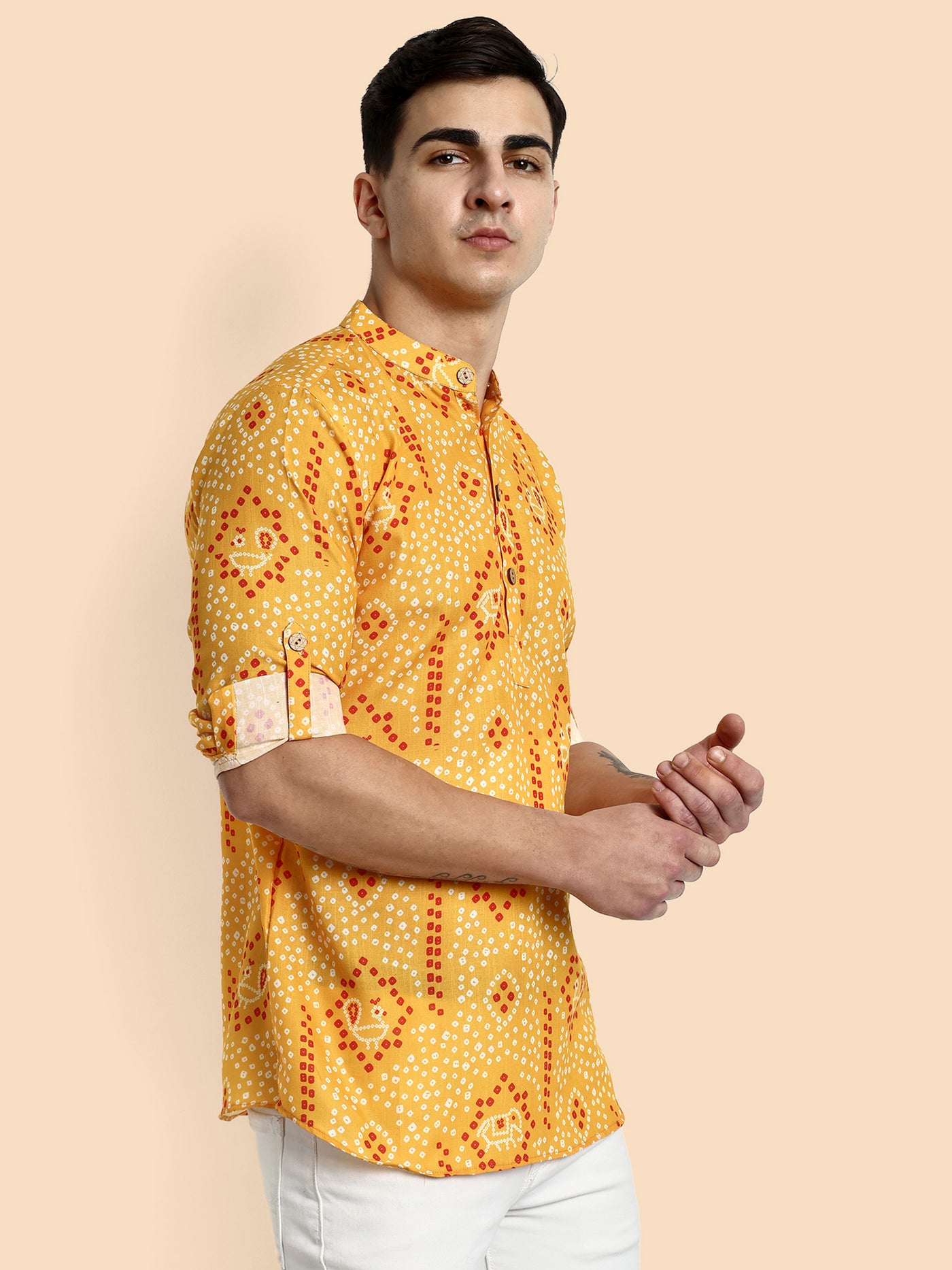 Yellow Printed Men's Short Kurta