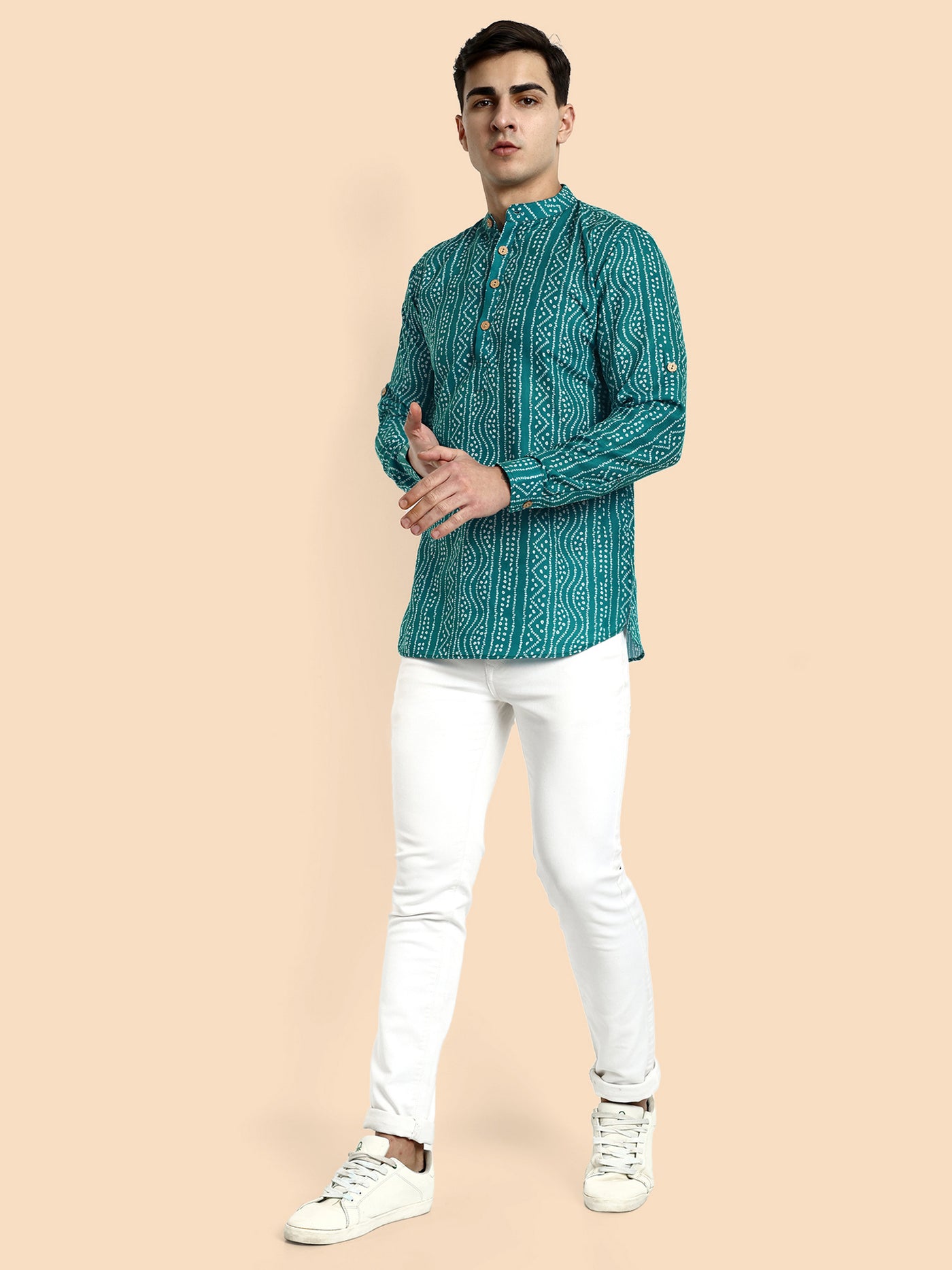 Teal Blue Printed  Men's Short Kurta