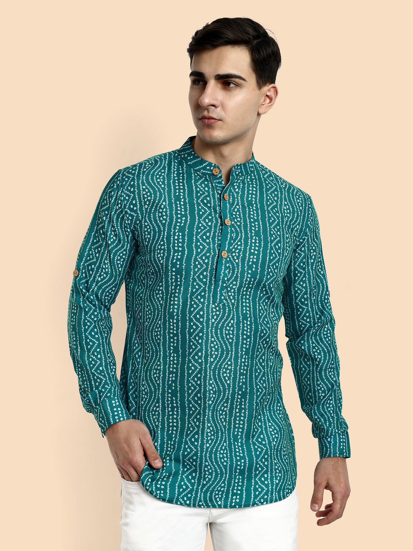 Teal Blue Printed  Men's Short Kurta