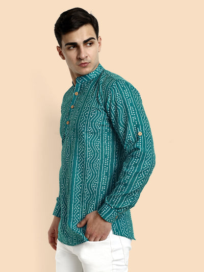 Teal Blue Printed  Men's Short Kurta