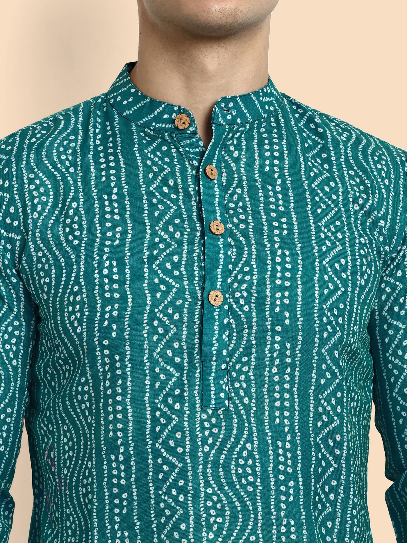 Teal Blue Printed  Men's Short Kurta