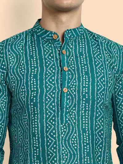 Teal Blue Printed  Men's Short Kurta