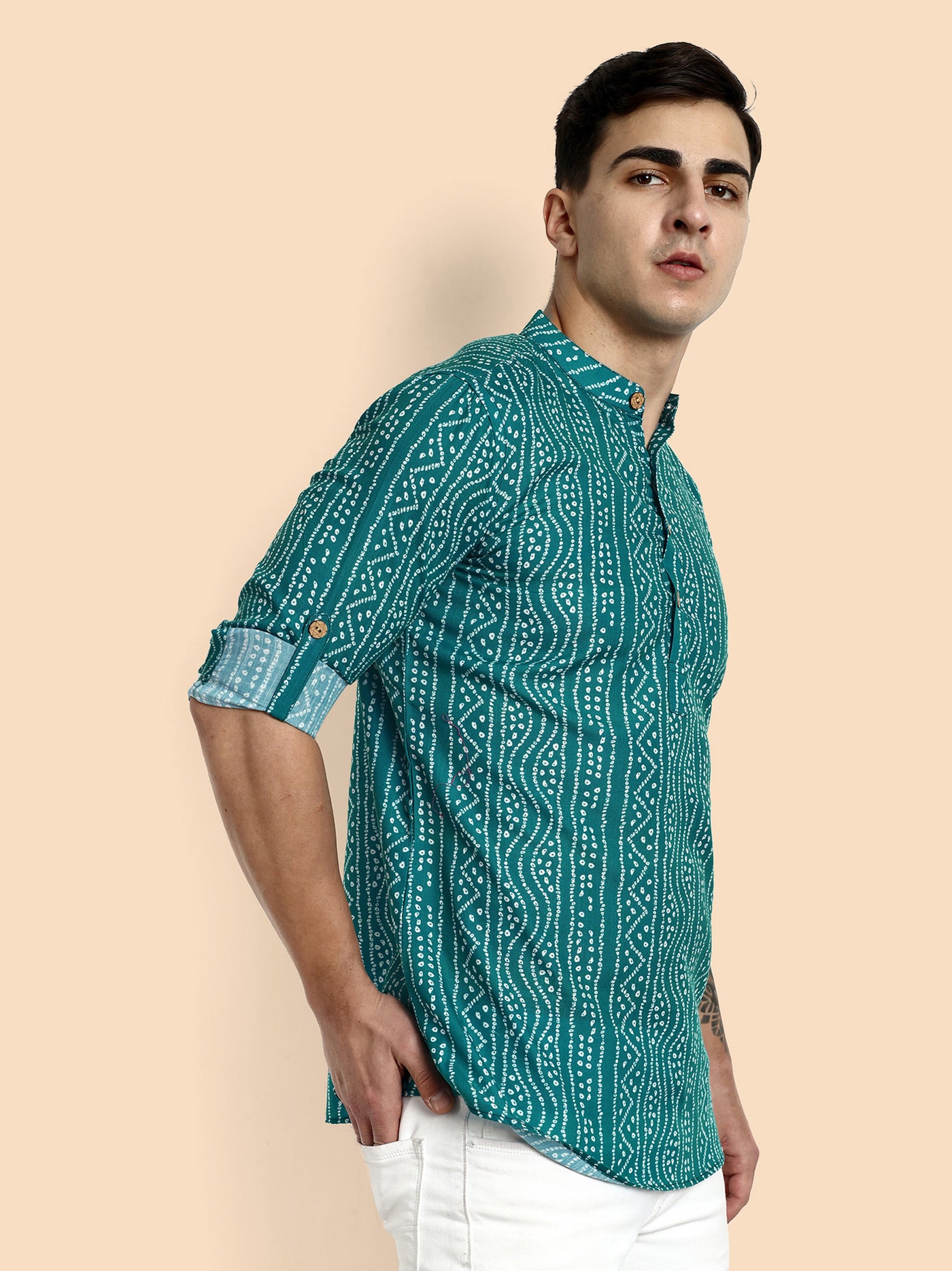 Teal Blue Printed  Men's Short Kurta