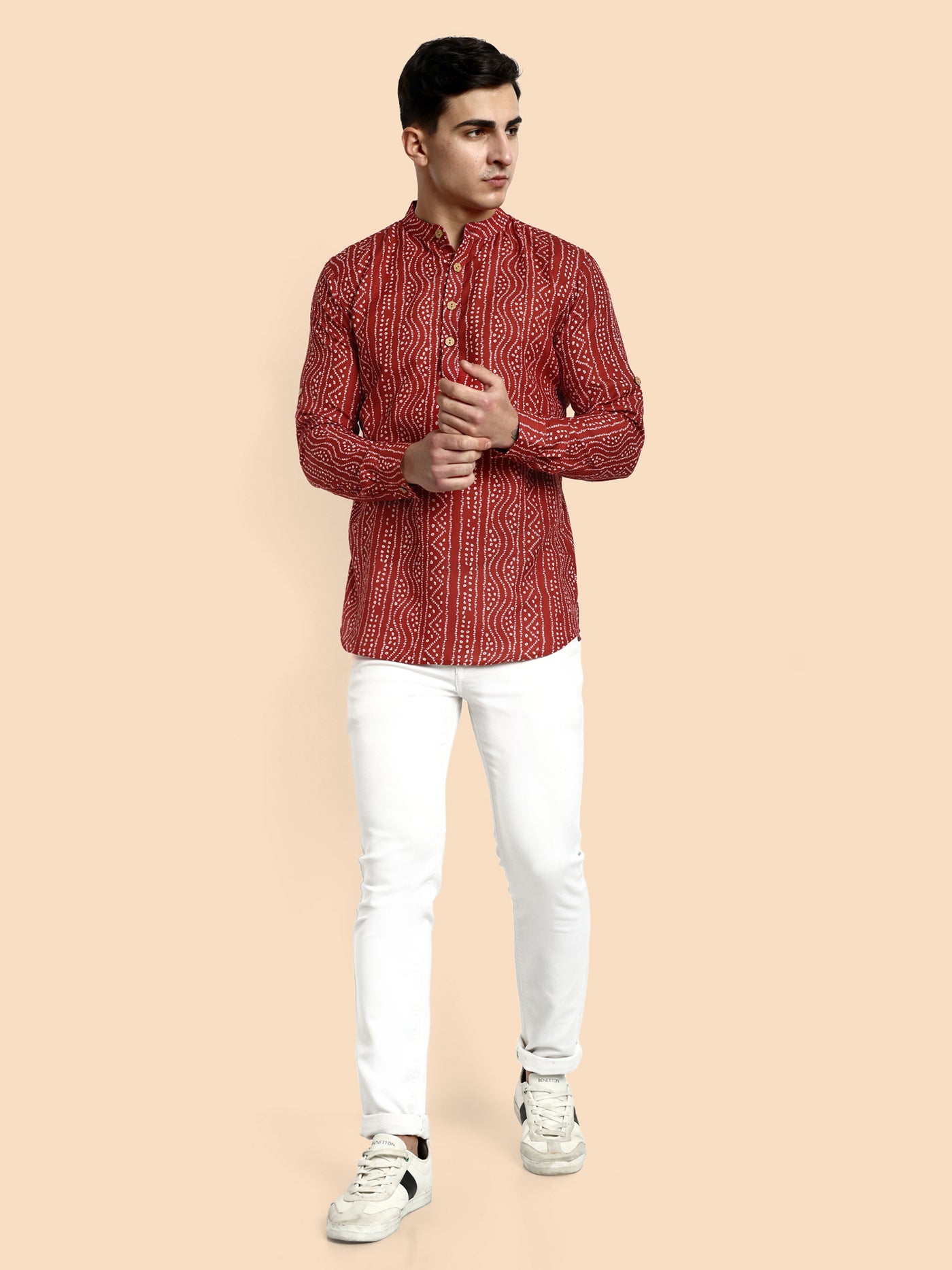 Maroon Printed  Men's Short Kurta