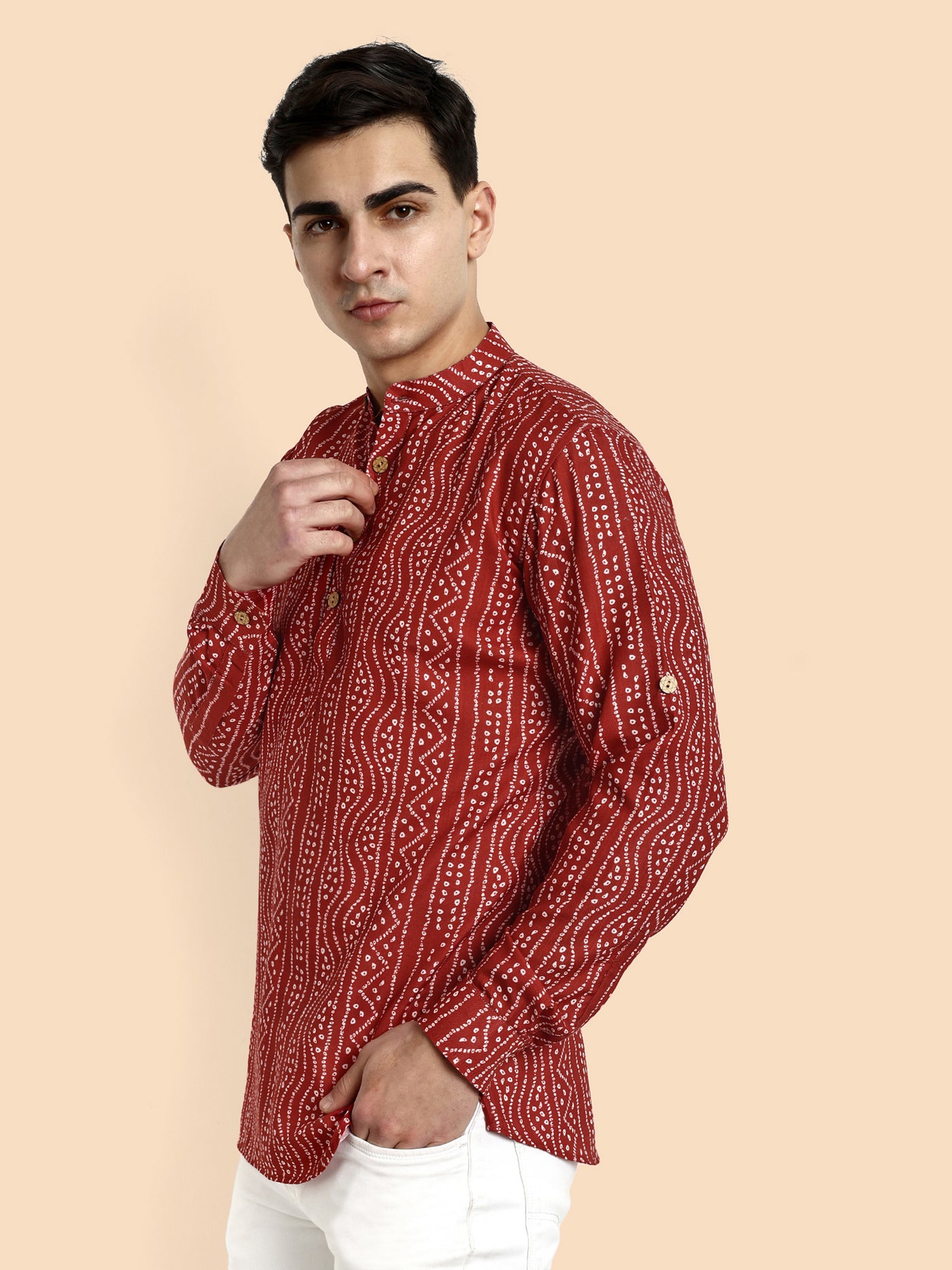 Maroon Printed  Men's Short Kurta