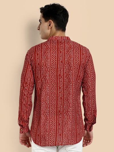 Maroon Printed  Men's Short Kurta