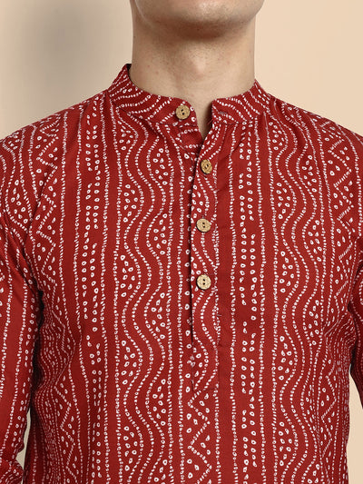 Maroon Printed  Men's Short Kurta