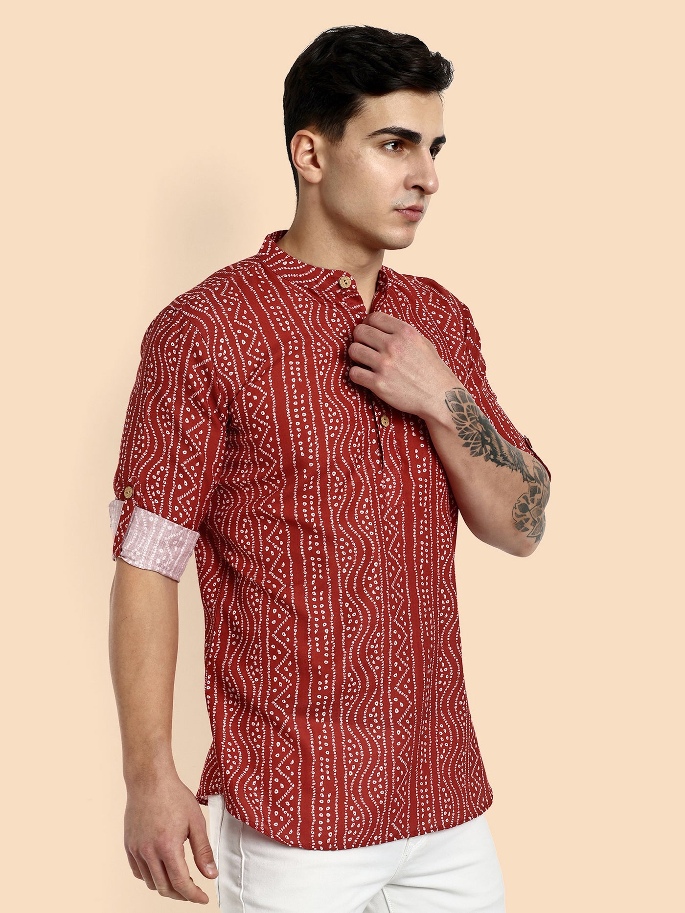 Maroon Printed  Men's Short Kurta