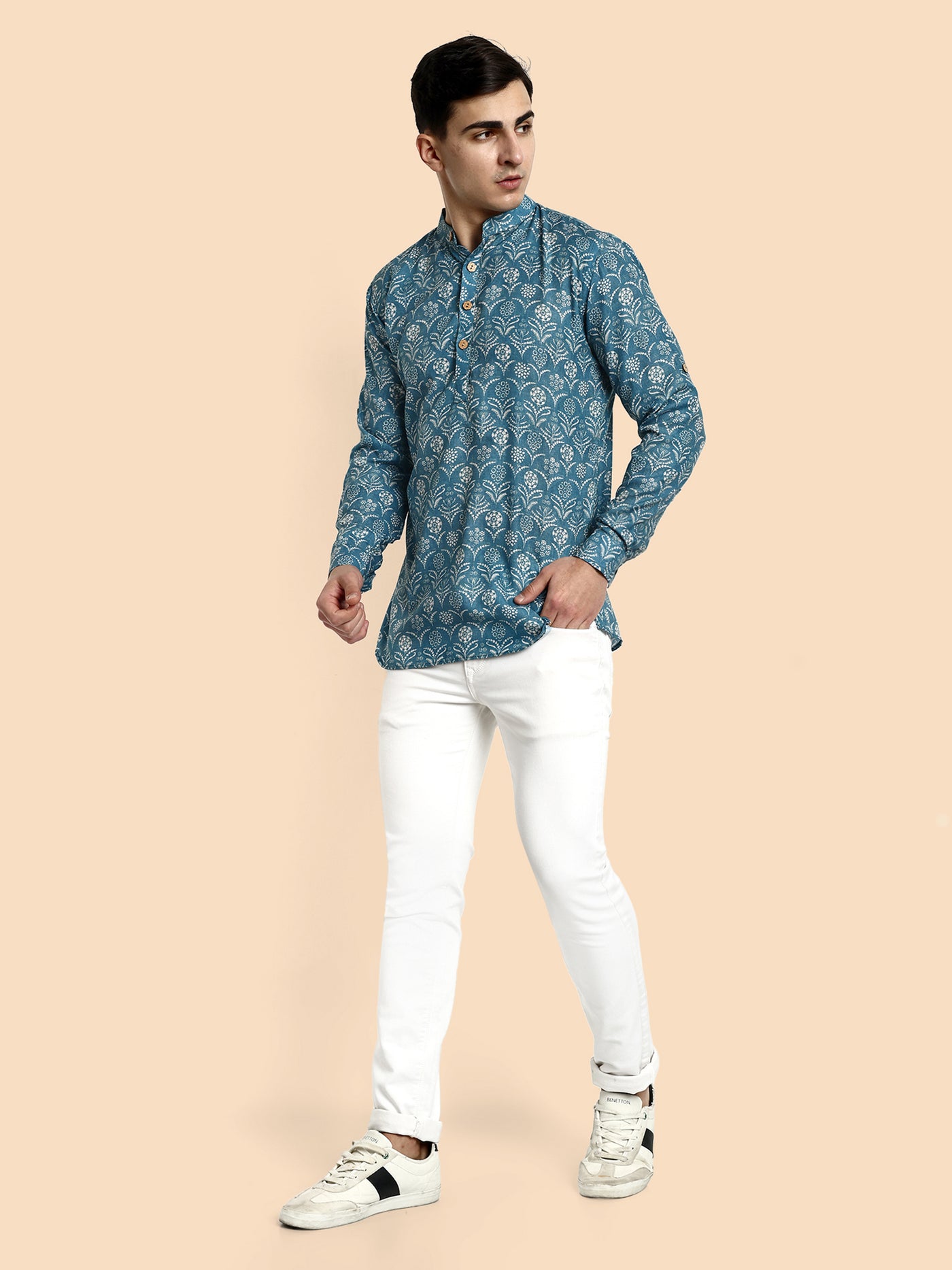 Blue Printed Men's Short Kurta