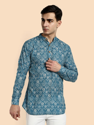 Blue Printed Men's Short Kurta