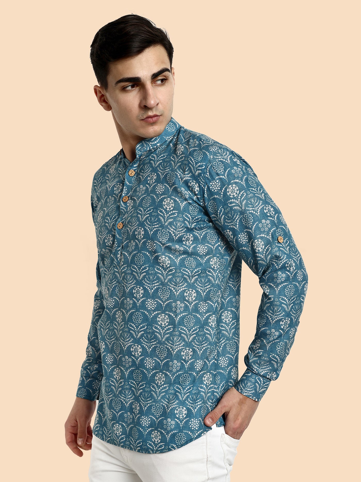 Blue Printed Men's Short Kurta