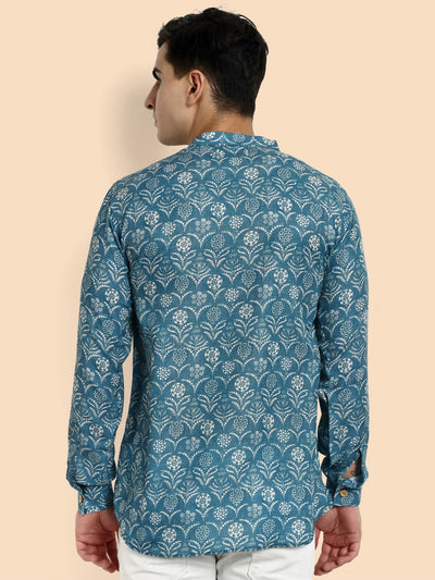 Blue Printed Men's Short Kurta