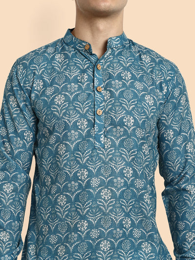 Blue Printed Men's Short Kurta