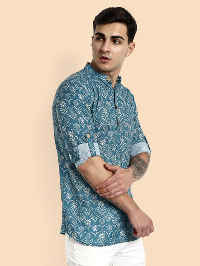 Blue Printed Men's Short Kurta