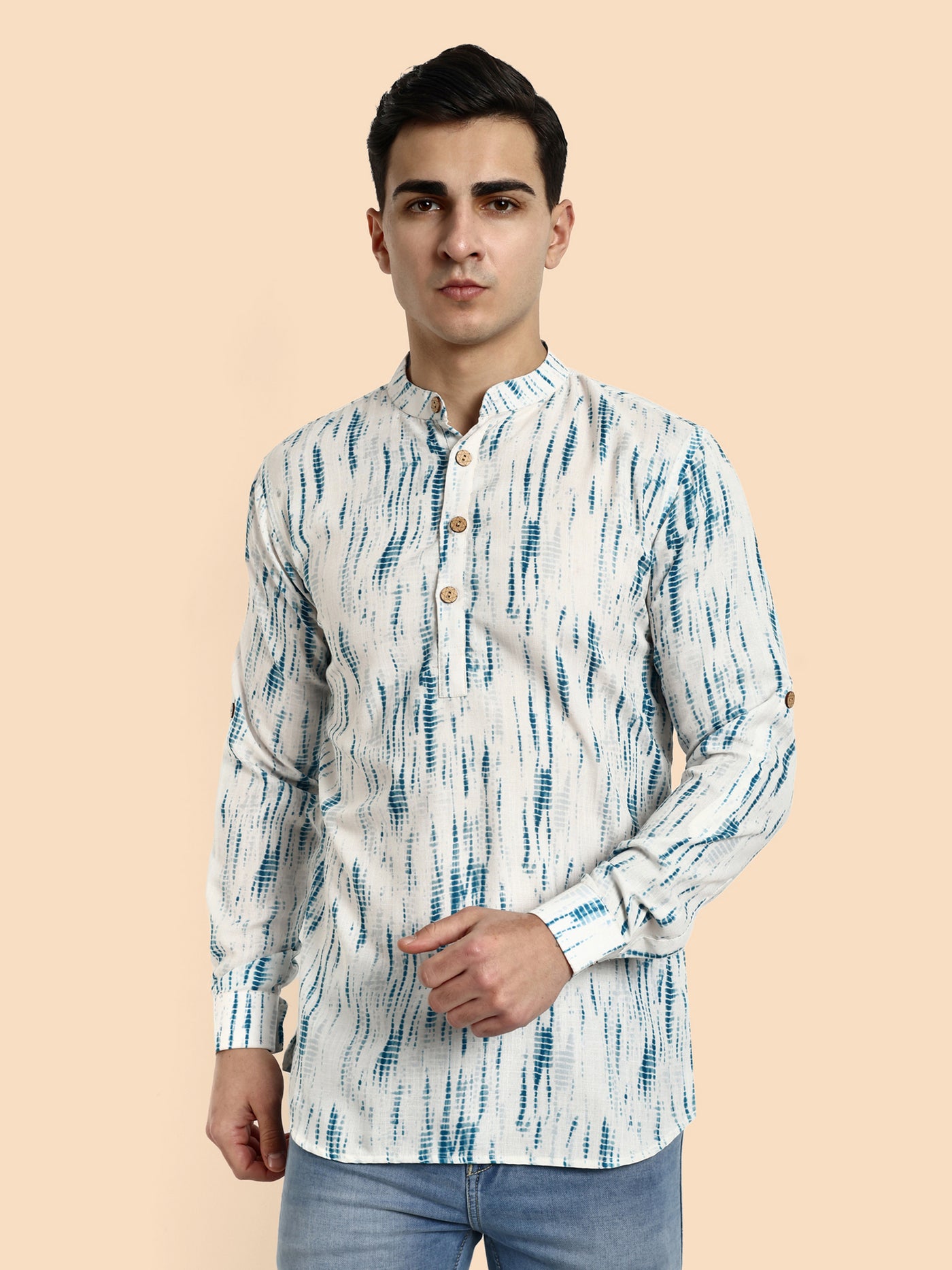 Blue Printed Men's Short Kurta