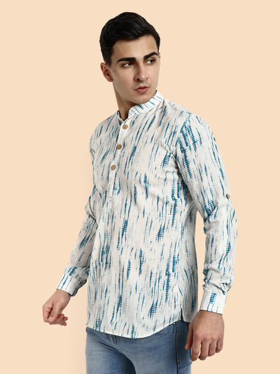 Blue Printed Men's Short Kurta