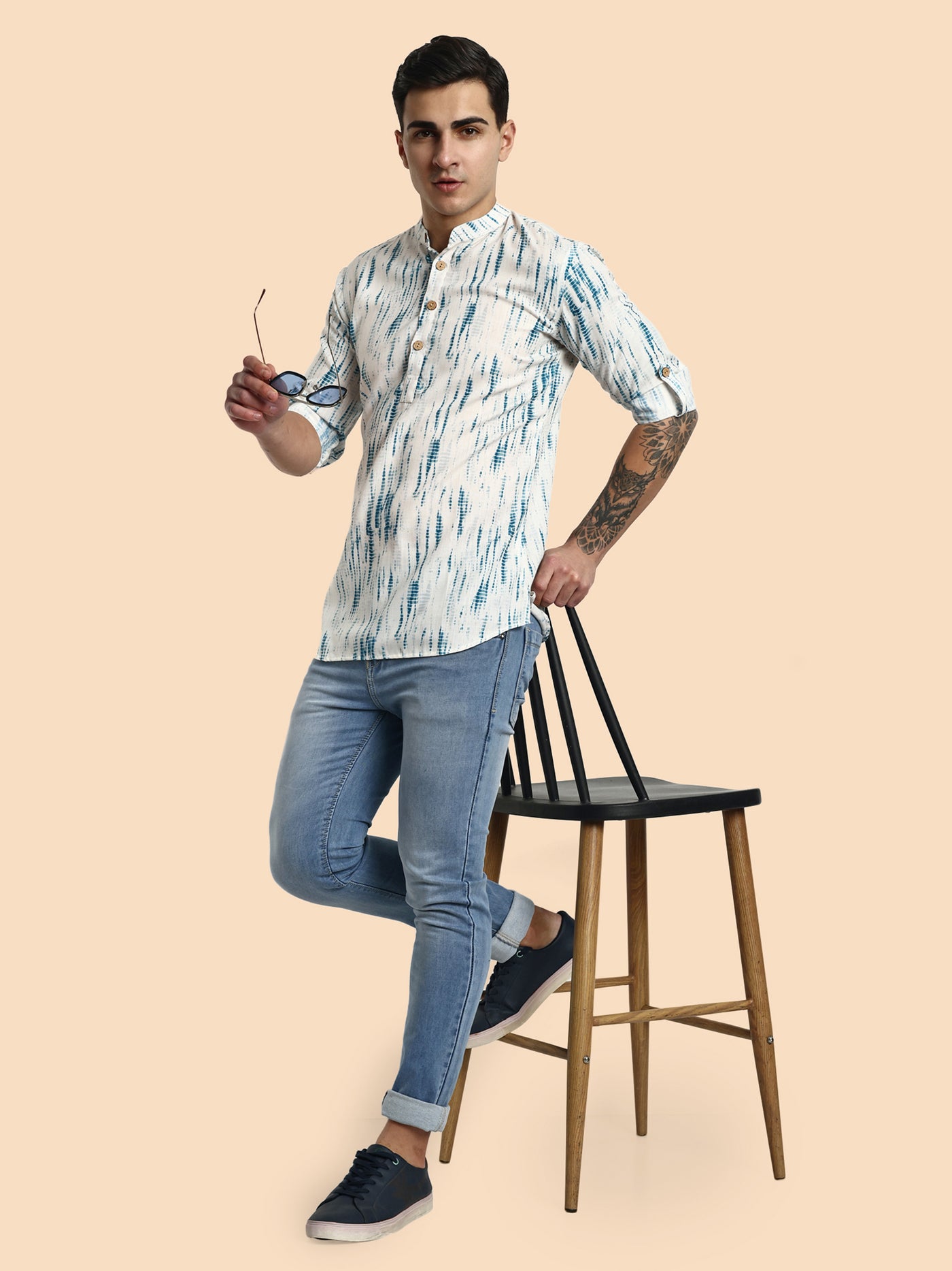 Blue Printed Men's Short Kurta