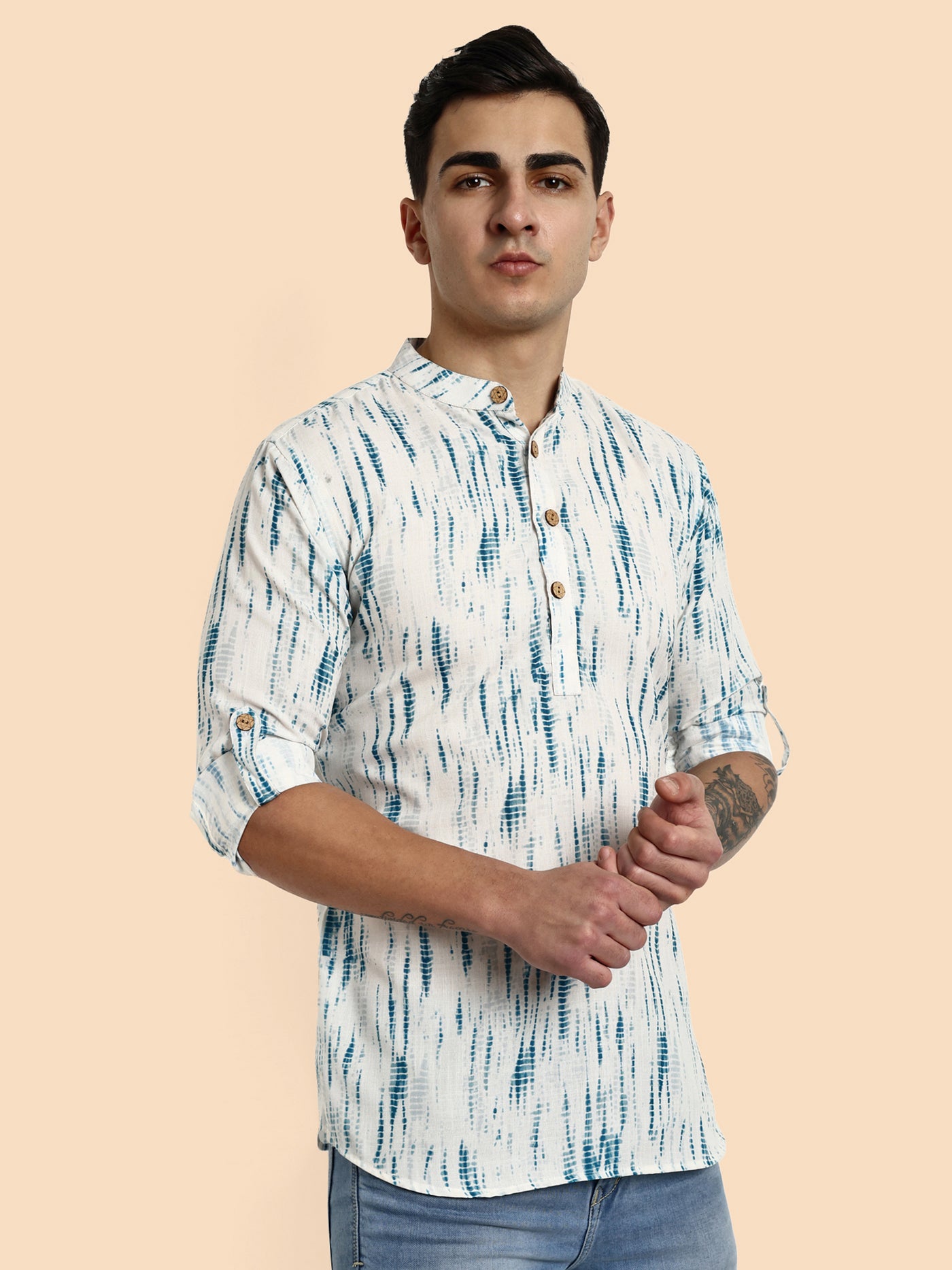 Blue Printed Men's Short Kurta