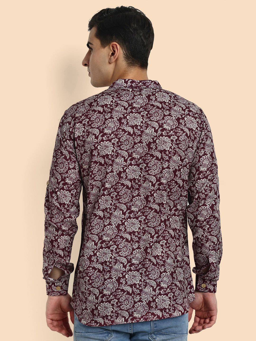 Maroon Printed Men's Short Kurta