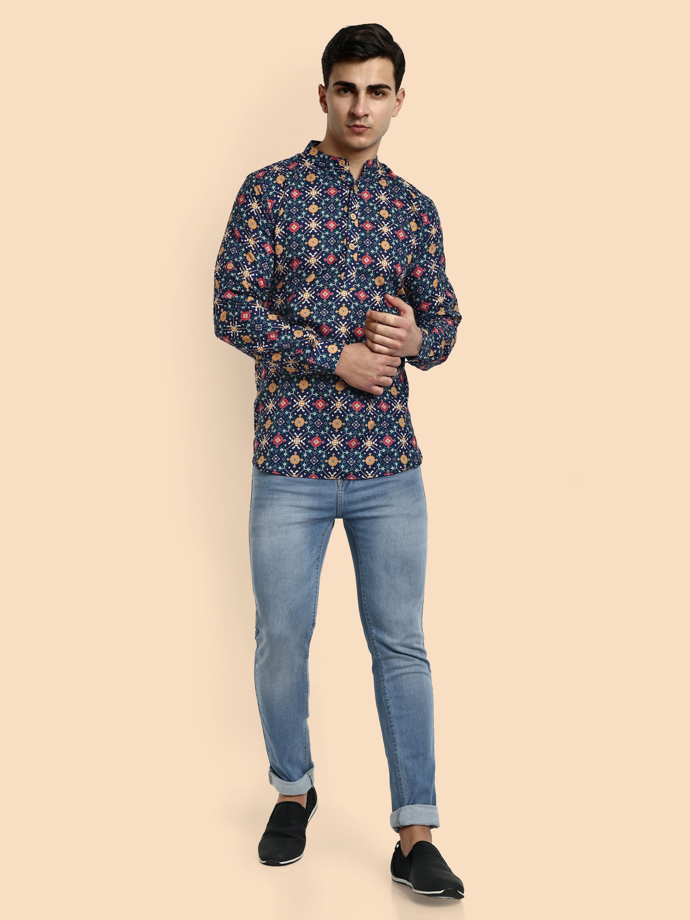 Navy Blue Printed Men's Short Kurta