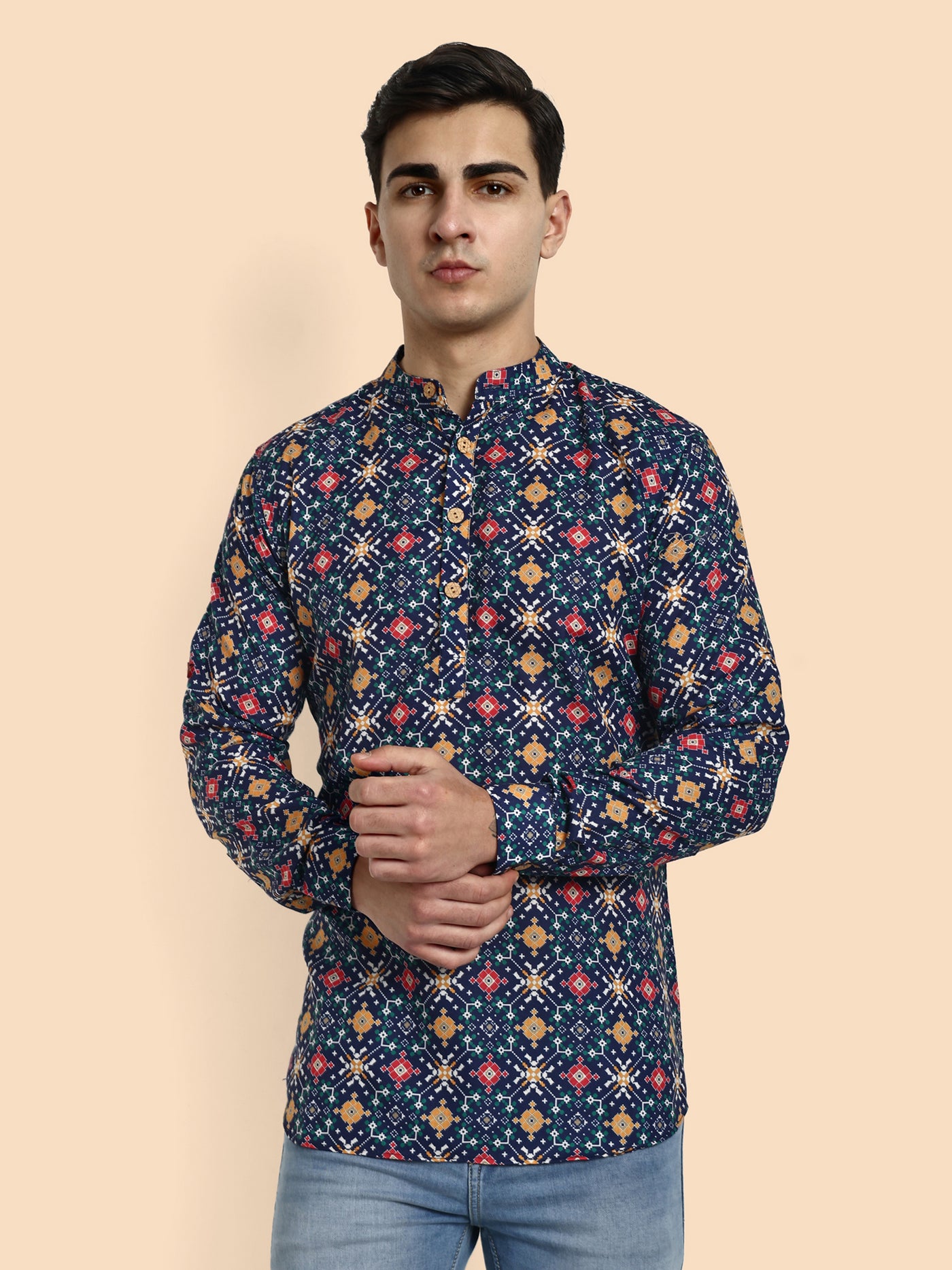 Navy Blue Printed Men's Short Kurta