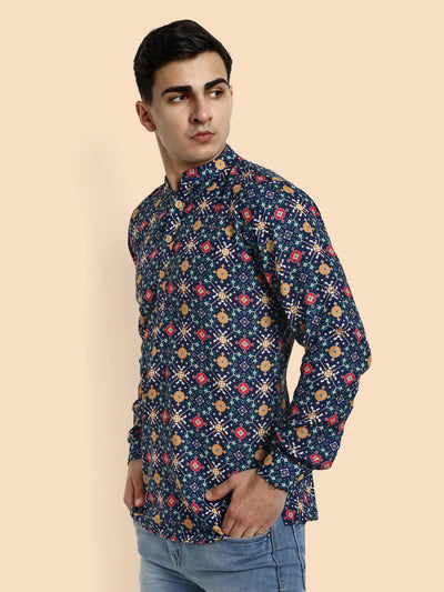 Navy Blue Printed Men's Short Kurta