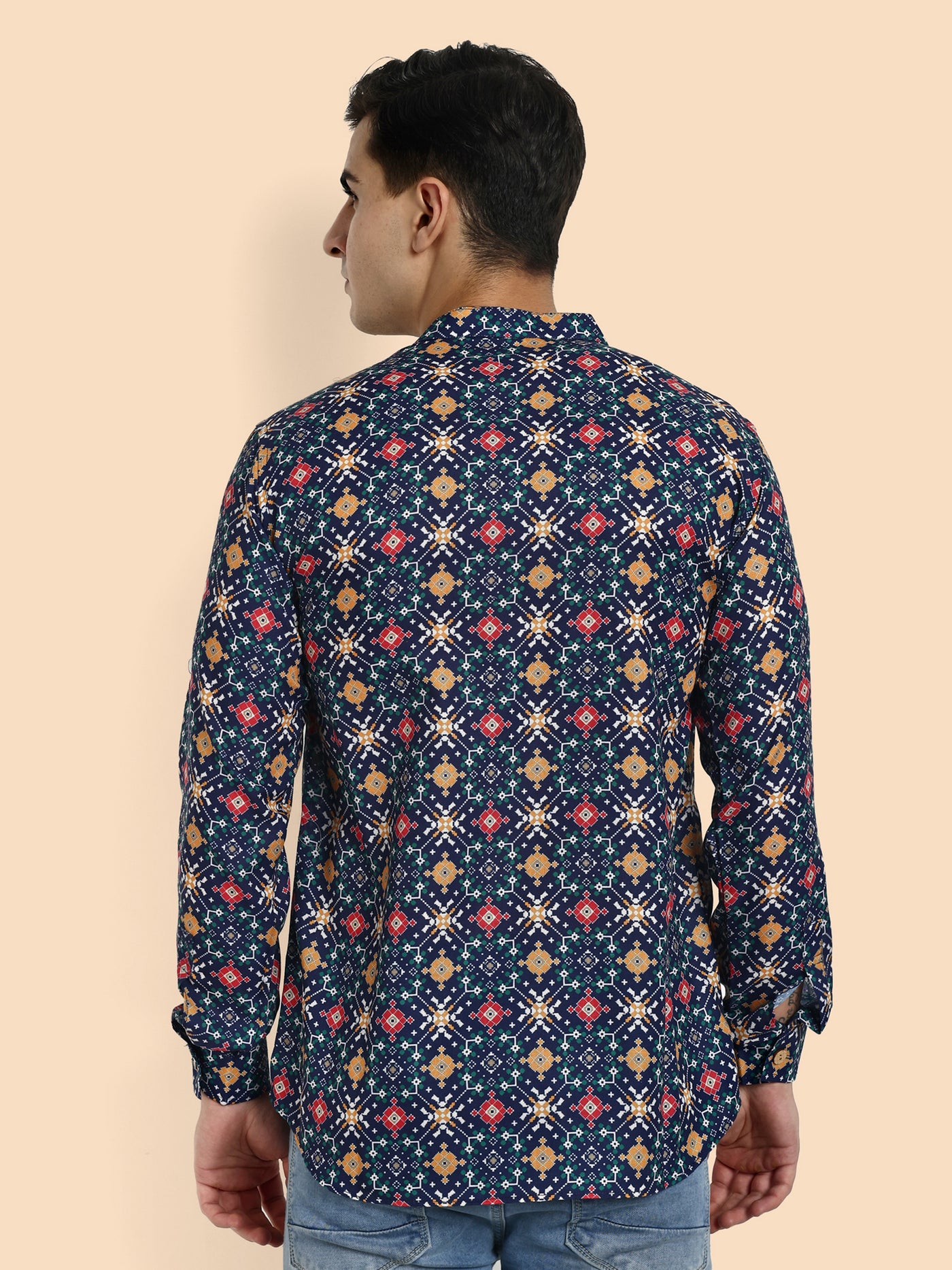 Navy Blue Printed Men's Short Kurta